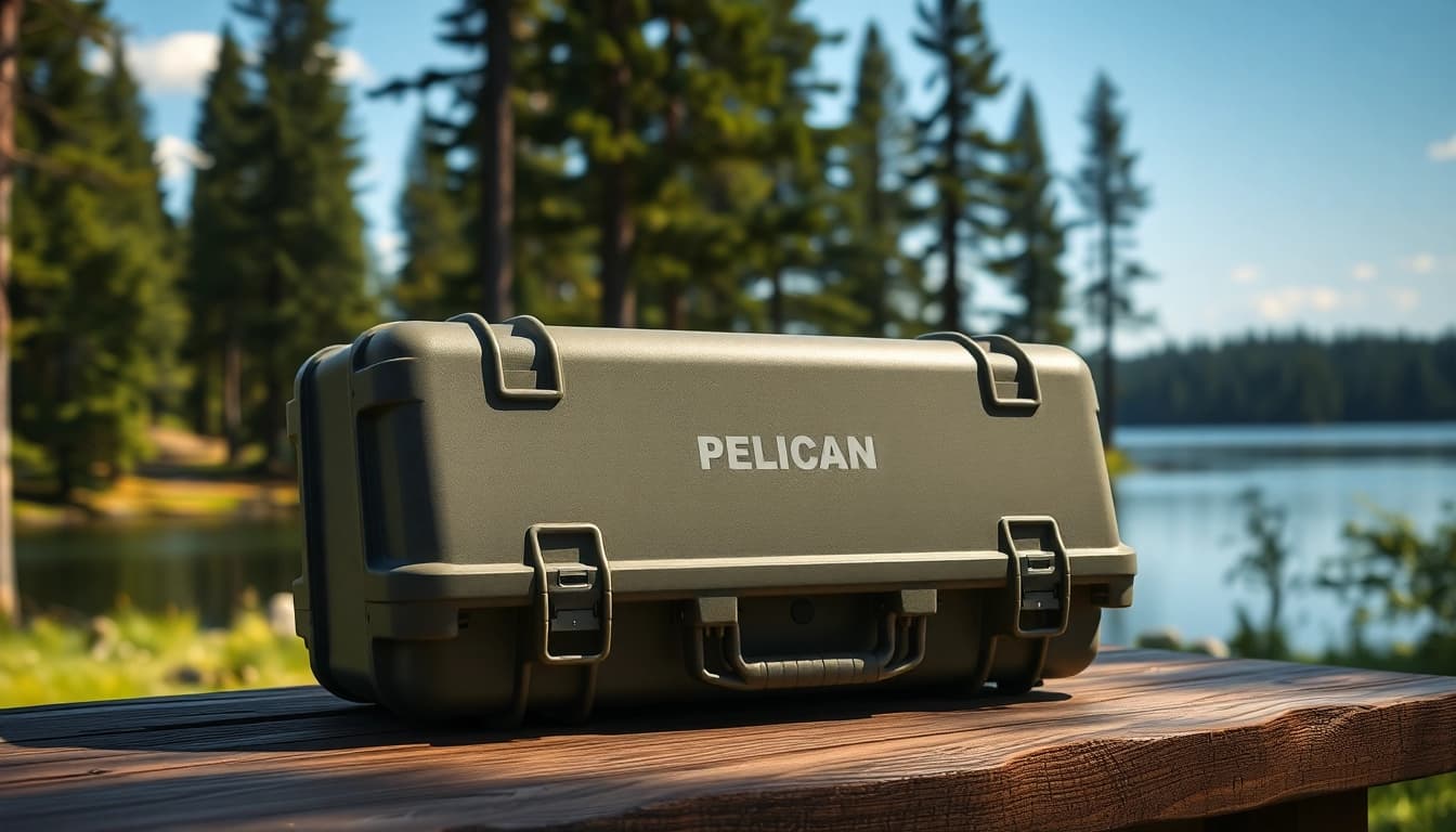 Showcase a pelican gun case for sale in a natural setting with rugged features and serene background.