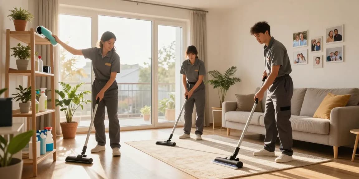 Wohnungsabgabe reinigung process with a professional team cleaning a cozy living room, showcasing meticulous attention to detail and warmth.