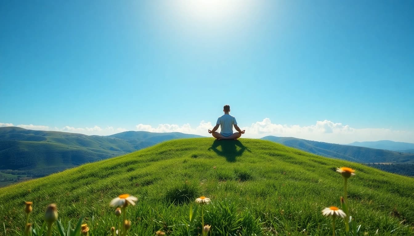 Promote mental wellness through serene meditation on a hilltop surrounded by nature.