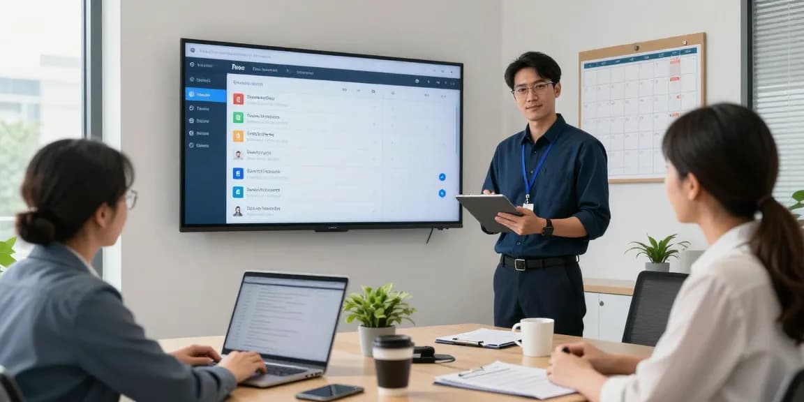 Team managing jobs with the ServiceJan app for services in a modern office setting.