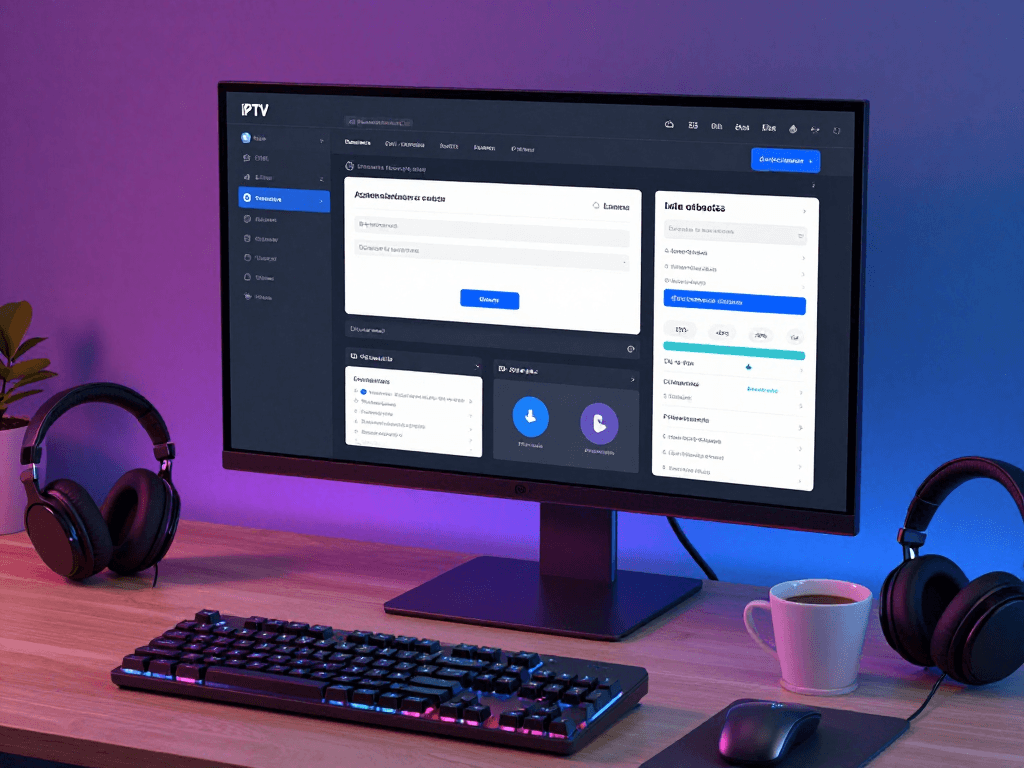 "Iptv reseller control panel interface displayed on a modern workspace monitor with software development tools."