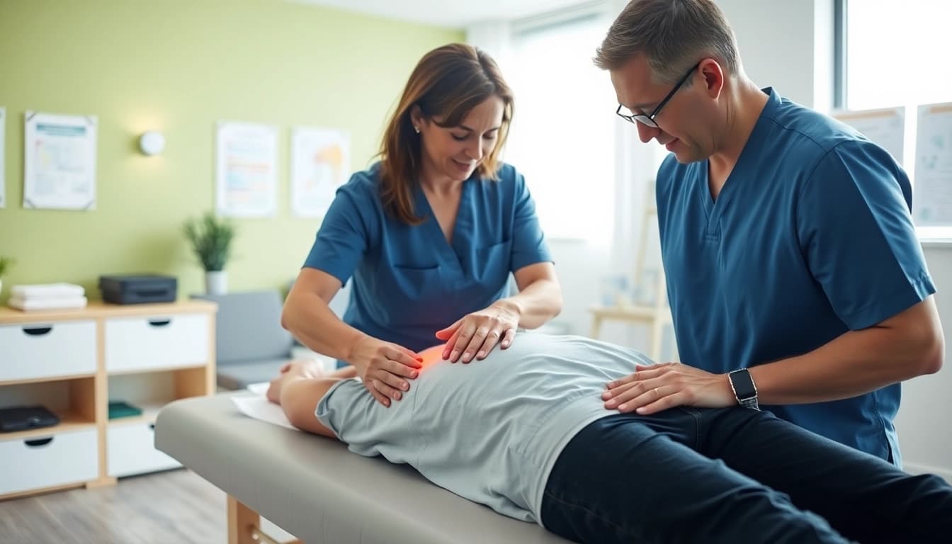 Effective lower back pain treatment being applied by a professional therapist in a calming clinic.