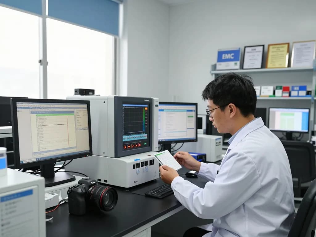 Engineer conducting EMC testing for declaration of conformity in advanced lab.