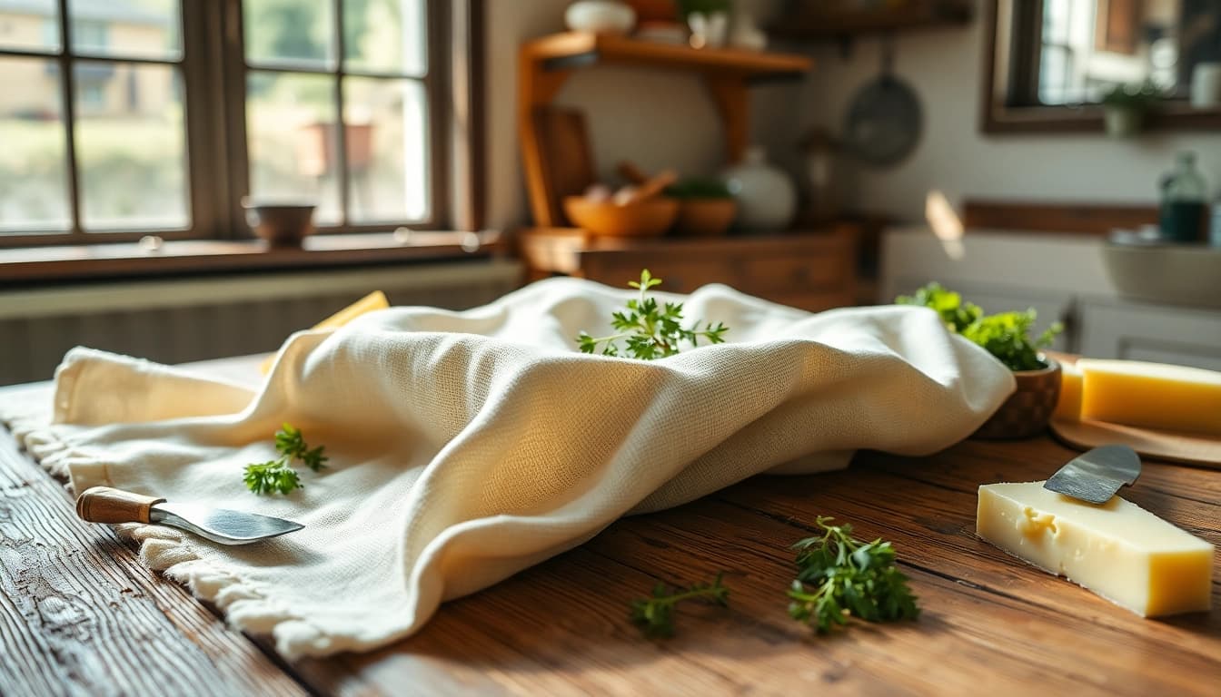 Gebruik van kaasdoek voor het maken van verse kaas met warme kleuren en huiselijke sfeer.