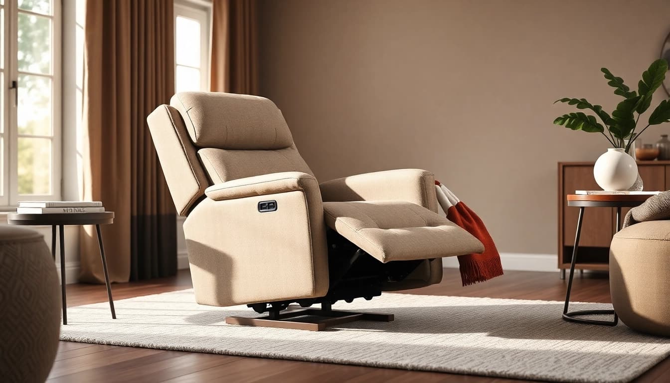 Enjoy the comfort of a lay flat power lift recliner in a cozy living room, highlighted by warm natural light.