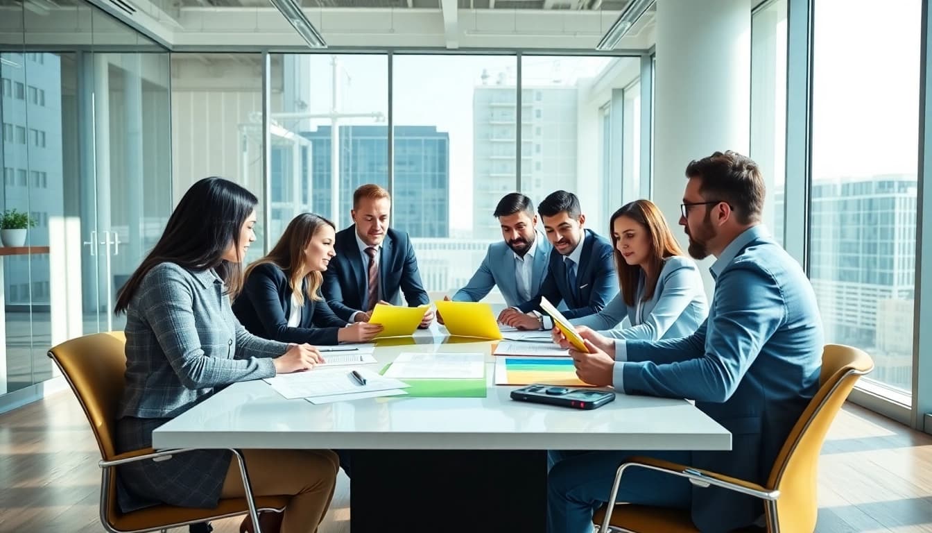 Team discussing Contract Management solutions at a modern office table.