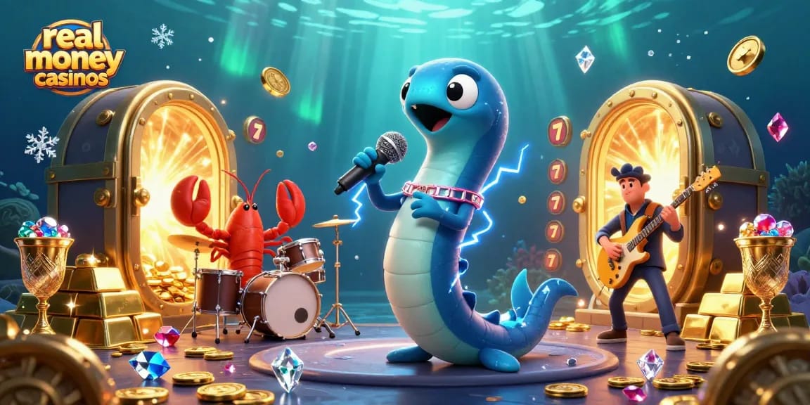 Experience vibrant real money casinos with an electric eel DJ and treasure in a dynamic underwater scene.