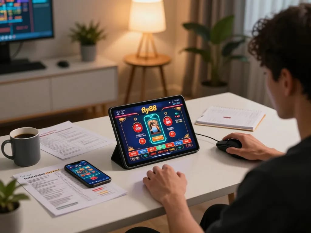 Engaging user plays casino games on fly88 app in a cozy home office.