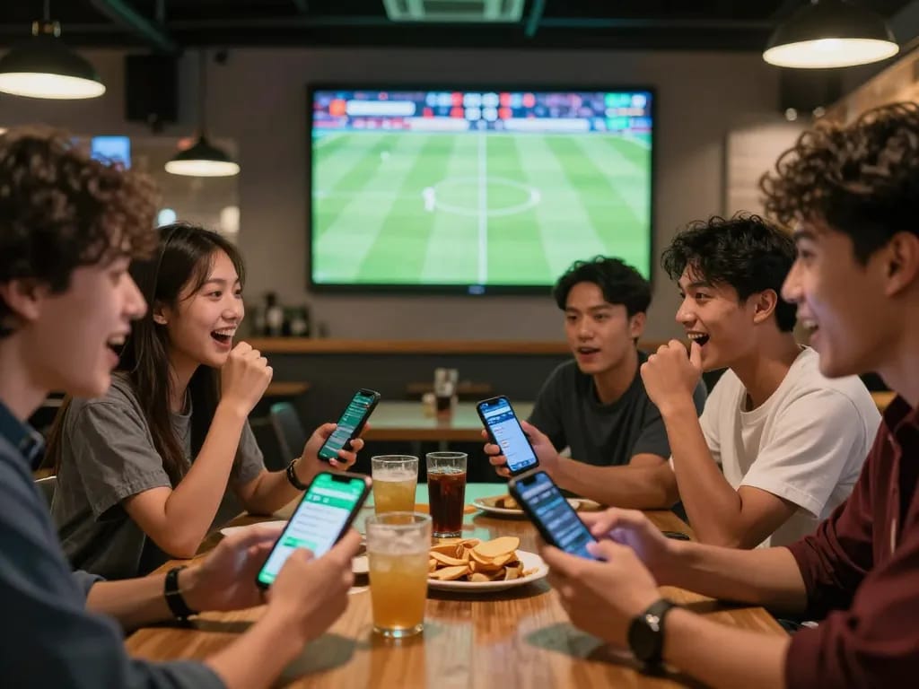 Teman-teman yang bersemangat terlibat dalam taruhan Judi Bola selama pertandingan sepak bola, menunjukkan penggunaan aplikasi langsung di suasana bar olahraga yang semarak