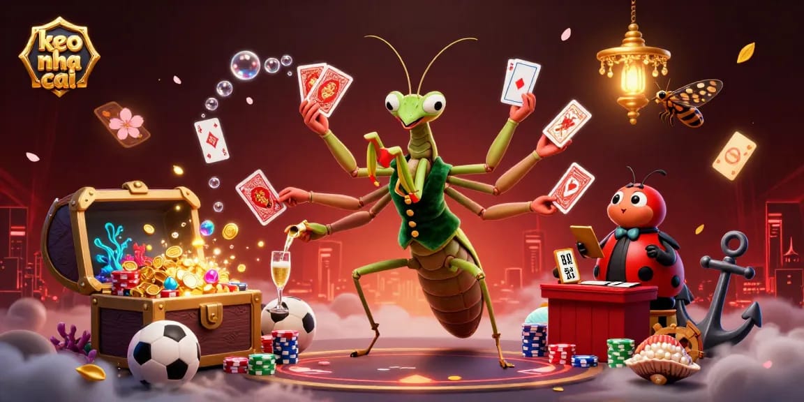 Engaging scene showcasing keo nha cai with a giant praying mantis card sharp, a ladybug pit boss, and lively sports betting elements.