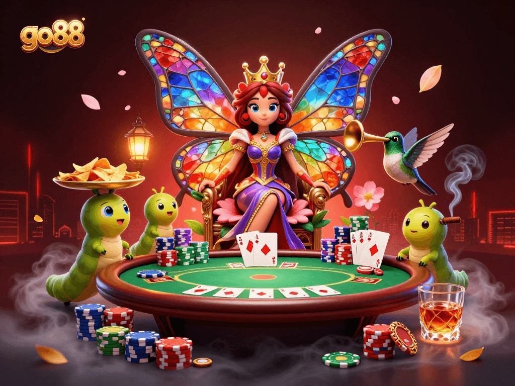 Engage in the dynamic world of go 88 with a vibrant casino scene featuring a butterfly queen and poker elements.