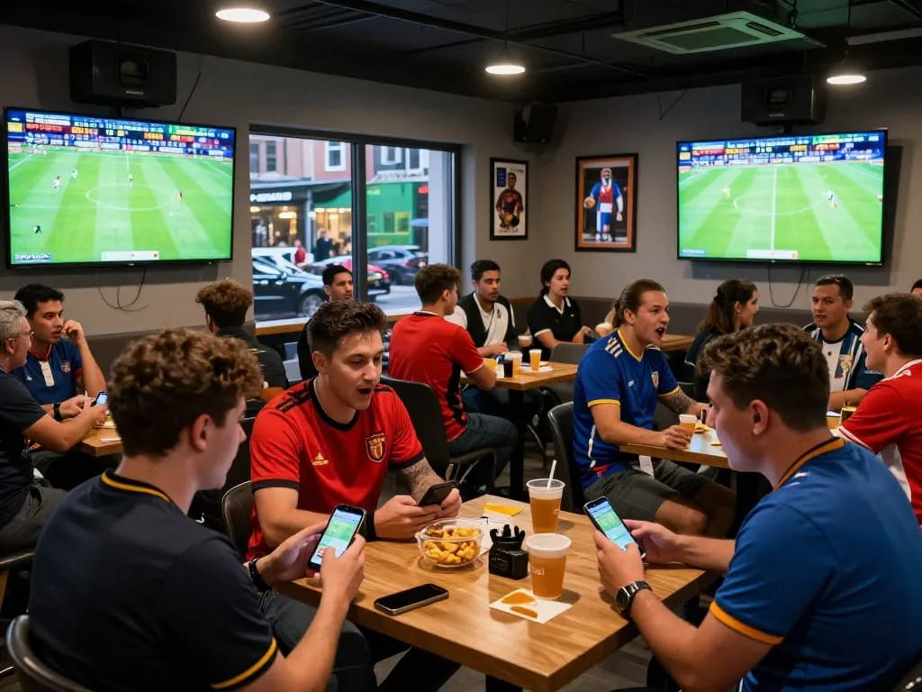 Fans at a sports lounge engaging with 1gom betting during a live football match.