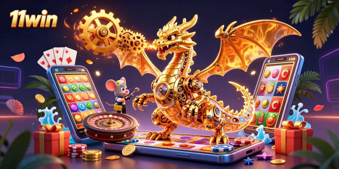 Experience thrilling gaming moments at 11win with captivating slot visuals and a dynamic, golden dragon.
