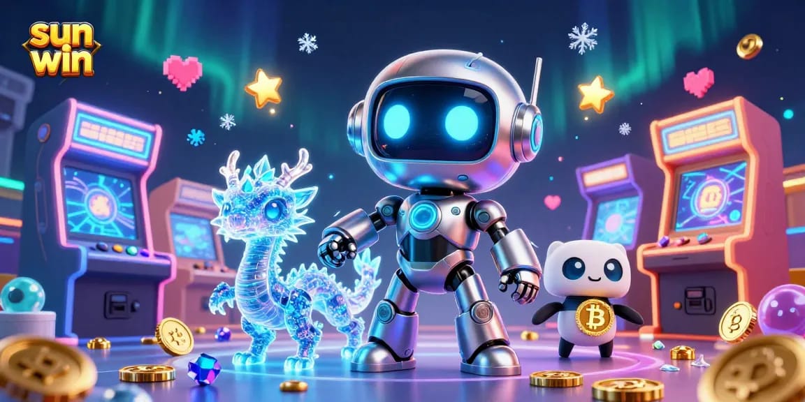 Engage with sun win casino gaming featuring a lively robot mascot, AI dragon, and bitcoin drone.