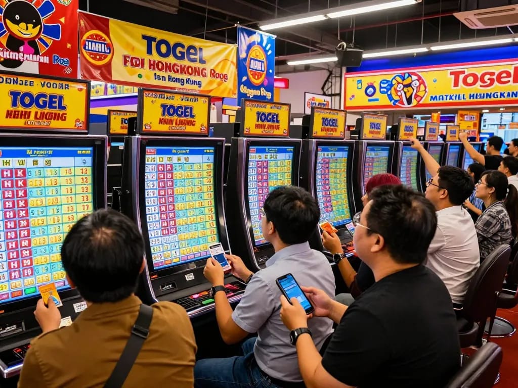 Pemirsa dengan antusias mengikuti undian langsung HK Lotto di pusat permainan yang meriah.