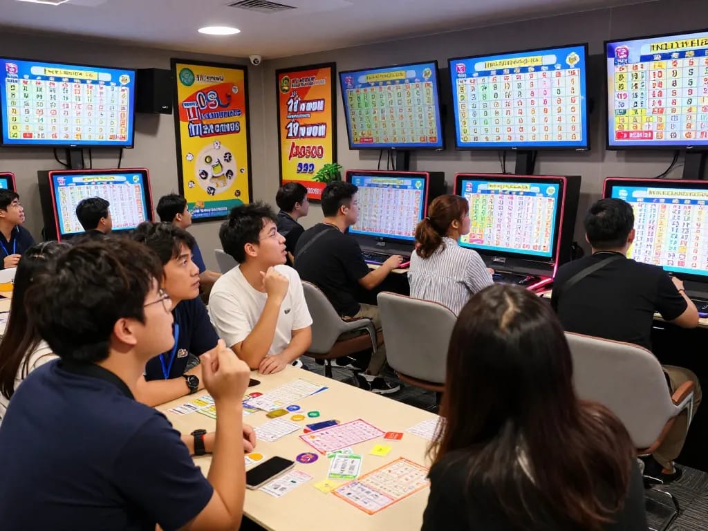 Suasana undian langsung HK Lotto yang mendebarkan dengan pemain yang antusias untuk hadiah Togel Hongkong, suasana lounge permainan modern.