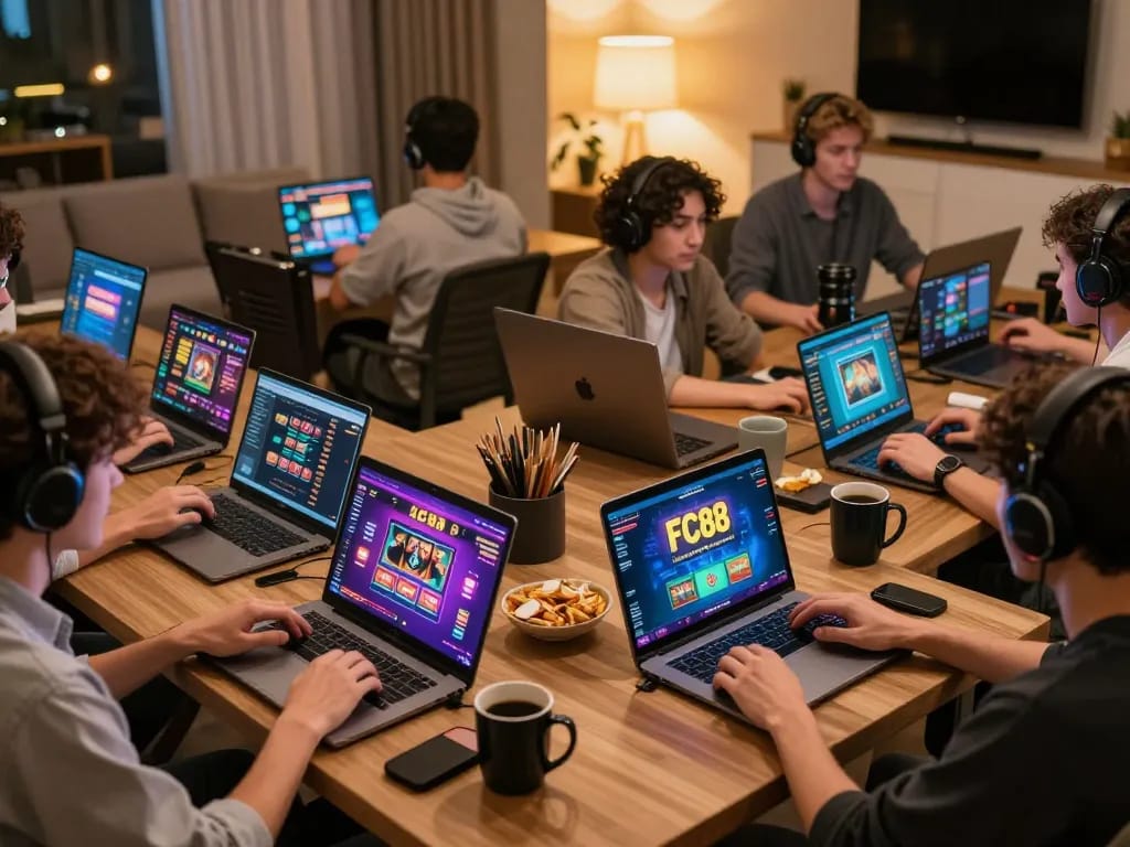 Players enjoying online gambling with FC88, showcasing vibrant game interfaces and cozy gaming atmosphere.