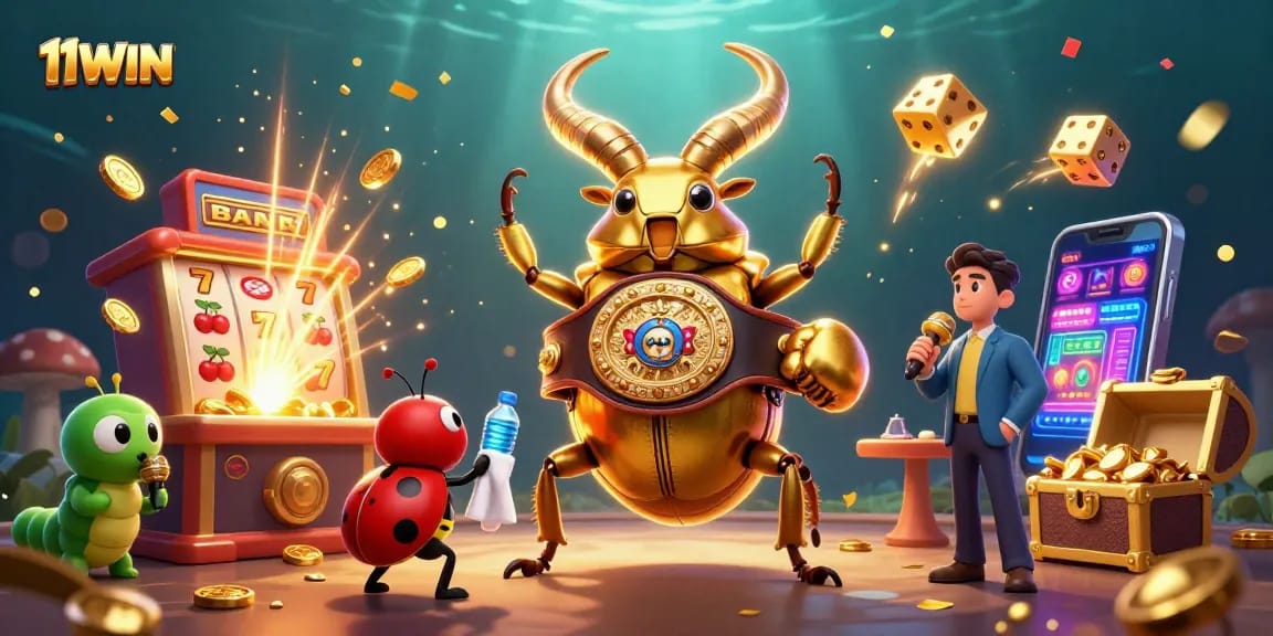 Experience the excitement of 11WIN casino with dynamic games and engaging characters in a vibrant 3D illustration.