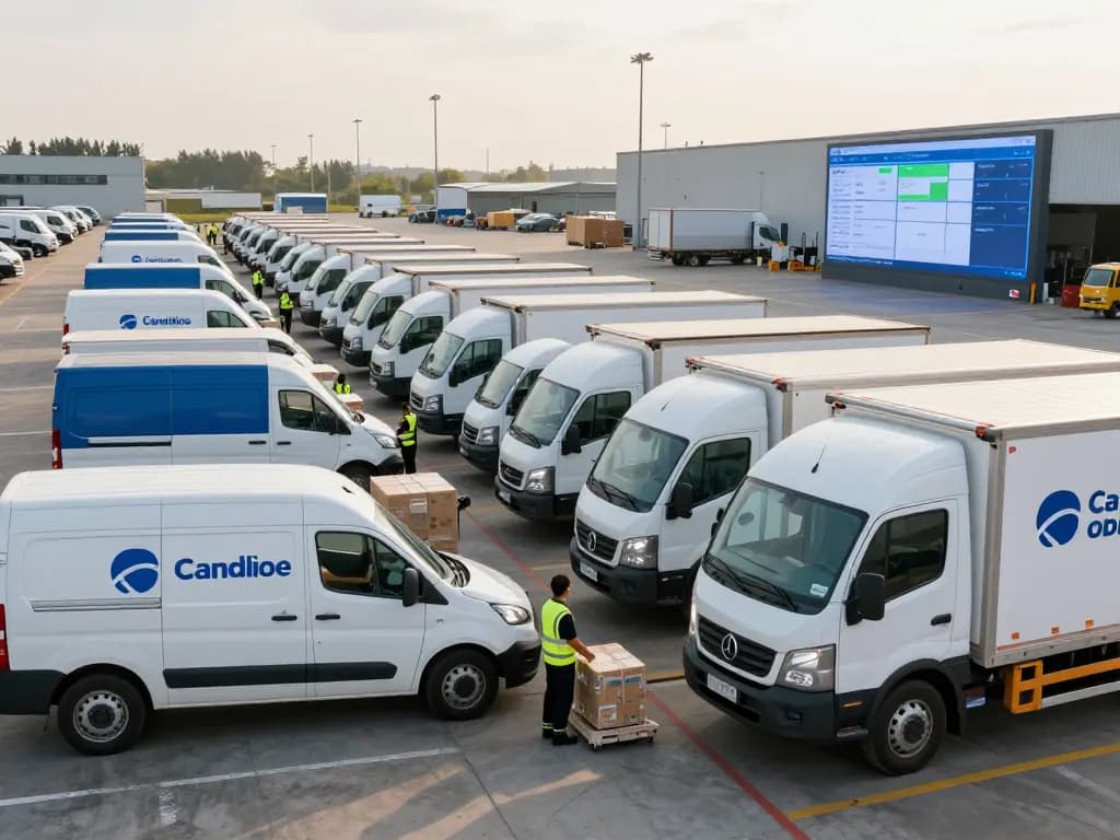 Haulage fleet at logistics hub with drivers loading cargo, showcasing efficiency and professionalism.