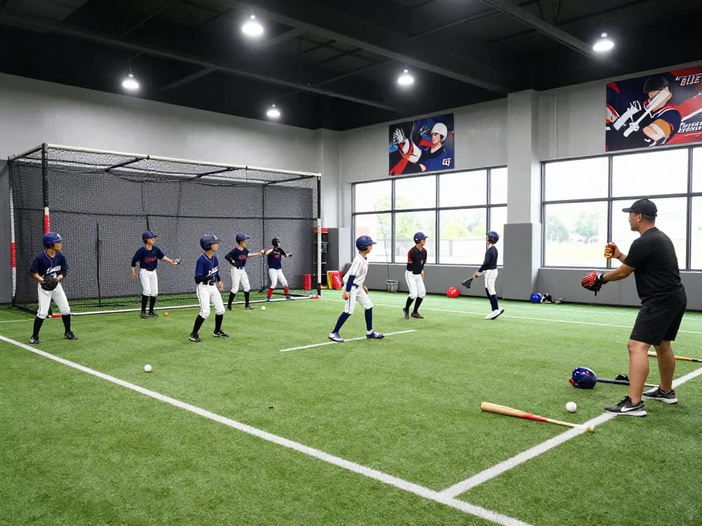 Young athletes training at hitclub baseball practice, showcasing drills and teamwork in a bright modern facility.