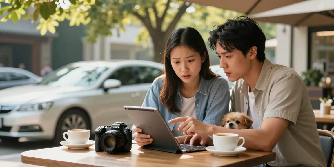 Couple checking a car history check UK report at a café, looking relieved and engaged.