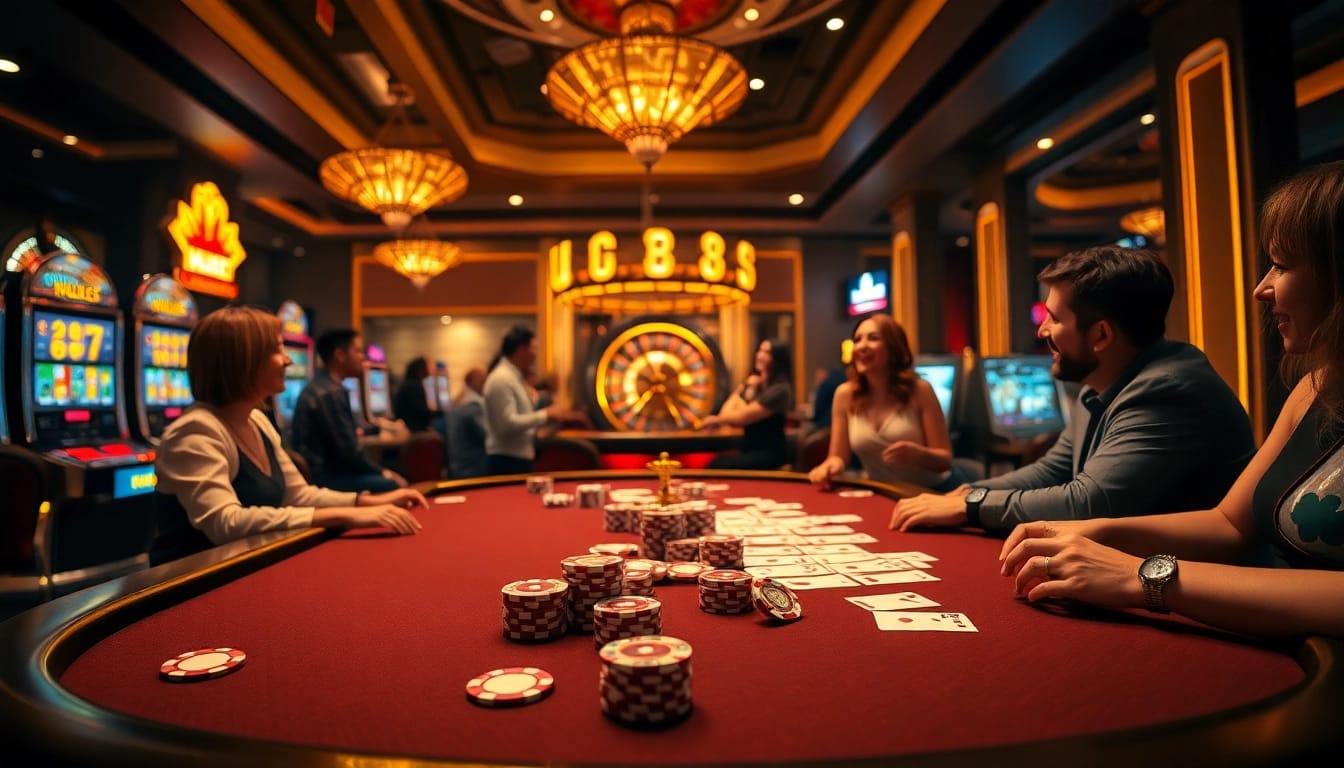 Players enjoying a thrilling U88 casino experience with poker chips and slot machines.