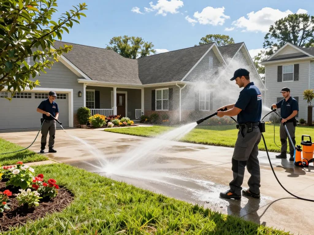 Professional driveway cleaning Atlanta service in action with a team using pressure washers.