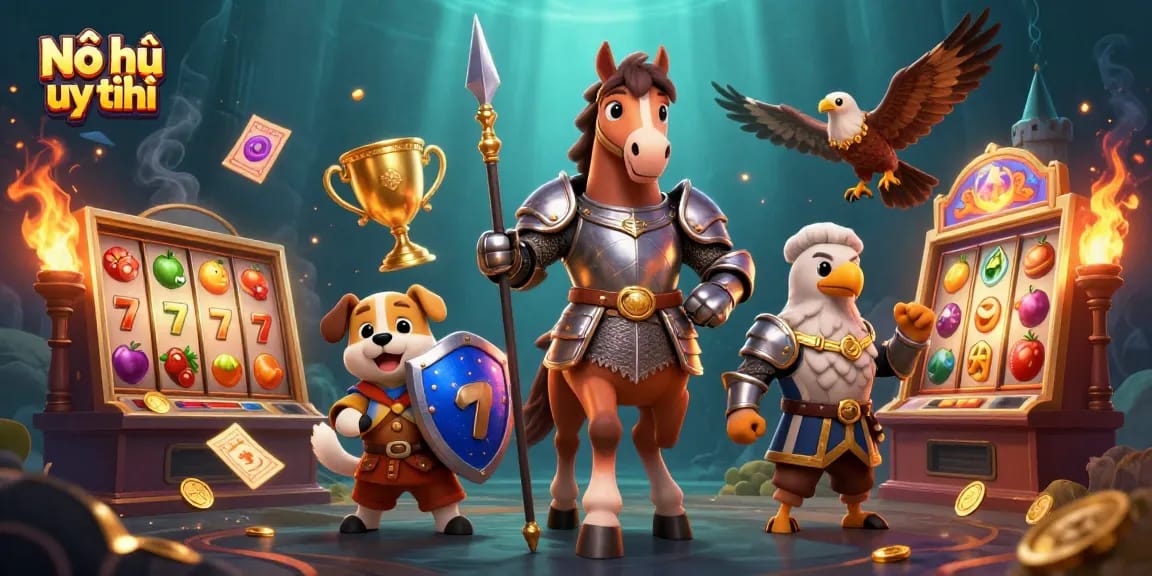 Nổ hũ uy tín with a knight, puppy, and falcon in a casino setting showcasing dynamic slot reels.