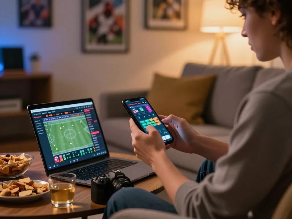 Engaging in sports betting from home using mobile apps, maximizing soi keo nha cai strategy in a cozy living room setting.