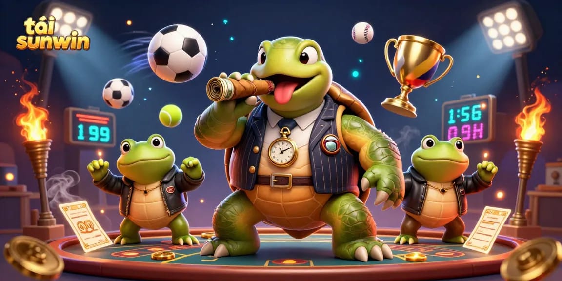 Tải sunwin showcases an energetic 3D scene with a snapping turtle and dynamic sports elements.
