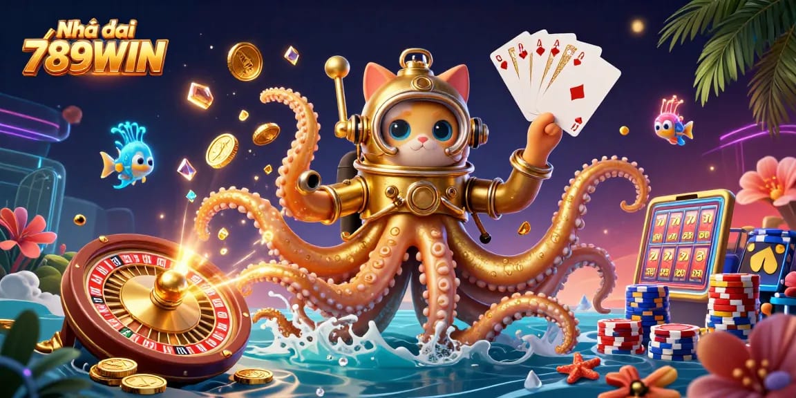 Experience the excitement of Nhà cái 789WIN with a colossal kraken and treasure in a vibrant 3D scene.