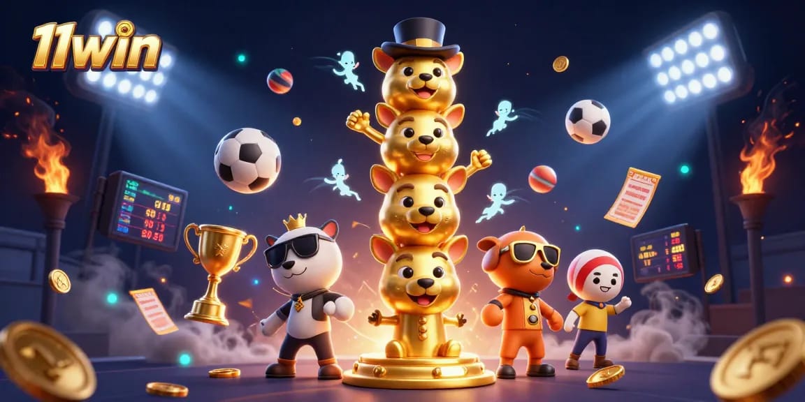 Experience the excitement of 11win with a dynamic casino scene featuring vibrant cartoon characters and sports betting elements.