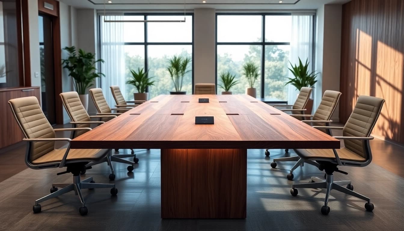 Custom conference table made of solid walnut, designed for modern office settings.