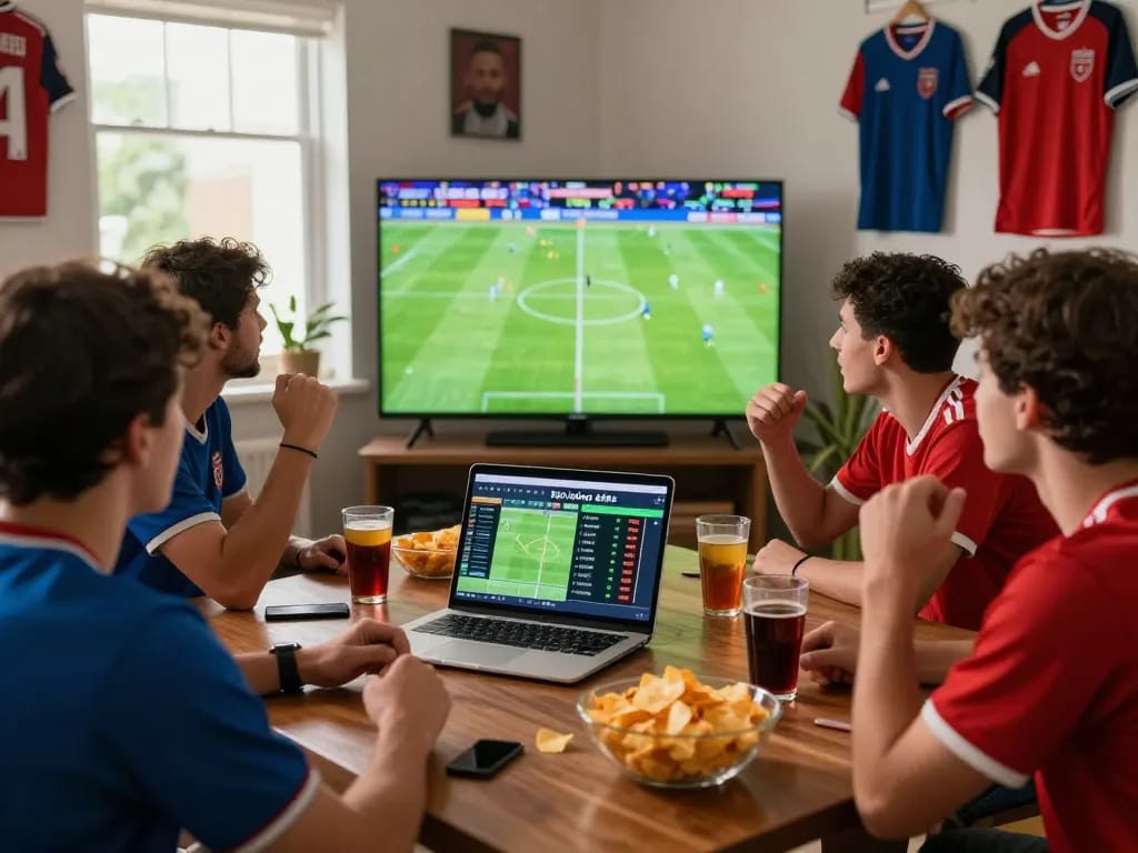 Friends enjoying kèo bóng đá betting while watching a live football match on TV, creating an exciting atmosphere.