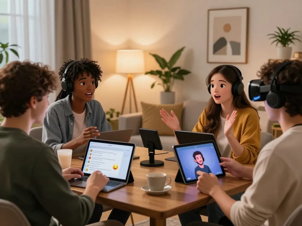 A diverse group enjoying engaging interactions in a lively porn chat ai session filled with animated avatars and cozy home vibes.
