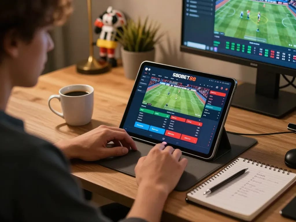 Pemain SBOBET88 terlibat dengan antarmuka taruhan olahraga online, menampilkan peluang langsung dan strategi di kantor rumah modern