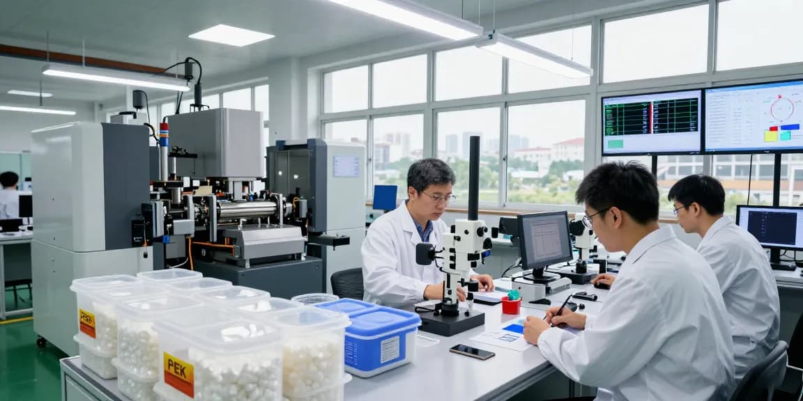 Innovative engineering plastics manufacturing process with PEEK and nylon samples in a high-tech facility.