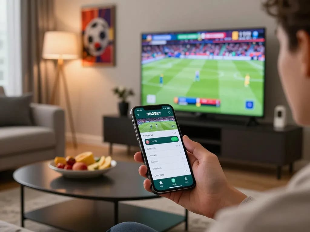 Aplikasi SBOBET digunakan untuk taruhan olahraga langsung di pengaturan rumah yang nyaman dengan camilan dan TV.