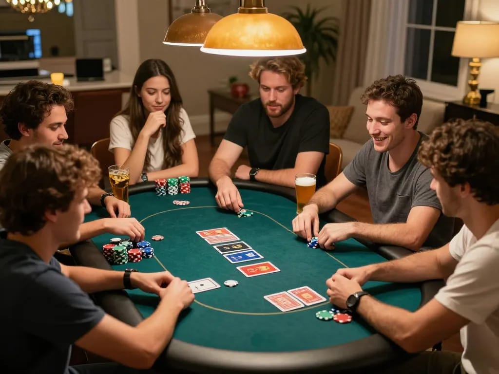 Engaging home poker night showcasing friends enjoying tỷ lệ kèo nhà cái 5 strategy with chips and cards.