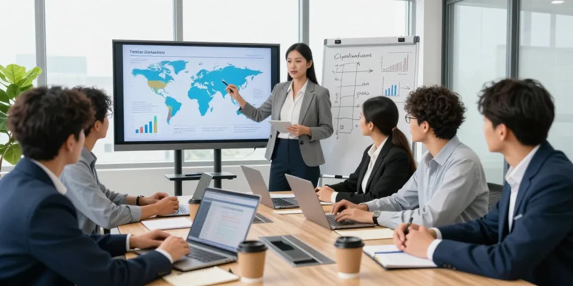 Team collaboration on worldwide commercial project funding strategies in a modern office.