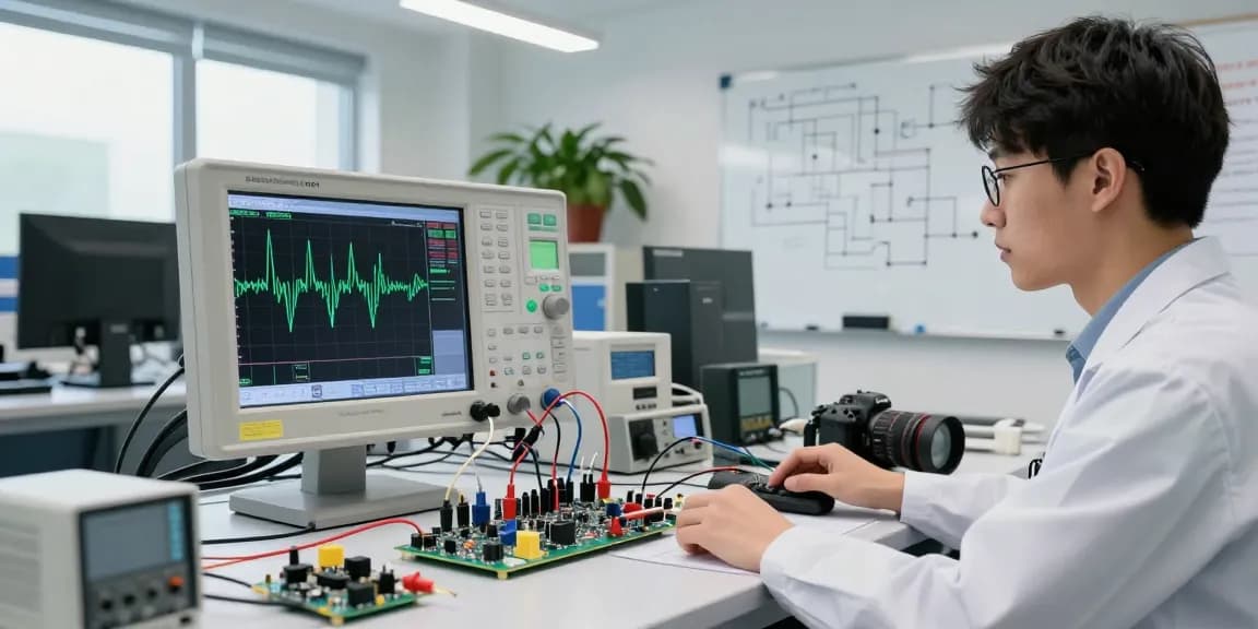 Engineer using a Digital Oscilloscope to analyse electronic signals in a bright, modern lab setup.