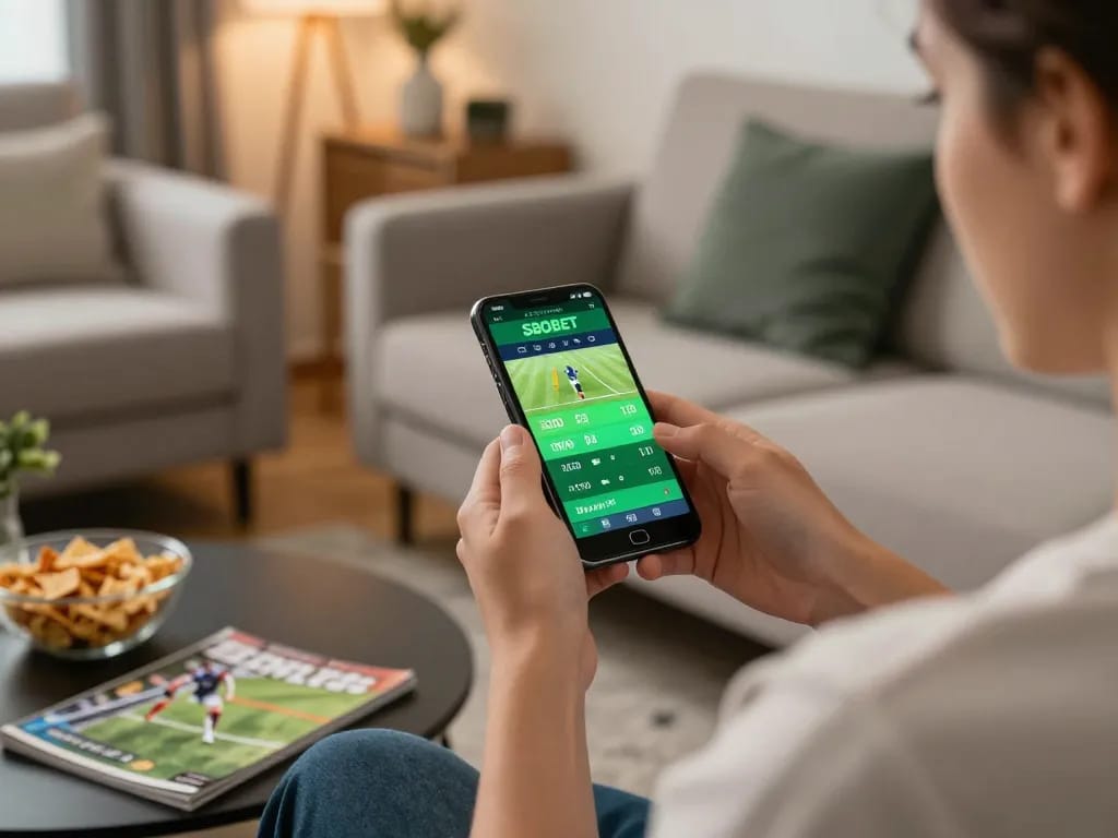 Pengguna mobile SBOBET yang memasang taruhan olahraga di smartphone di ruang tamu yang nyaman.