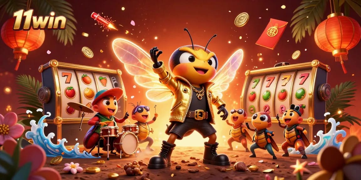 Win big with 11win's vibrant casino scene featuring dynamic characters and exciting slot elements.