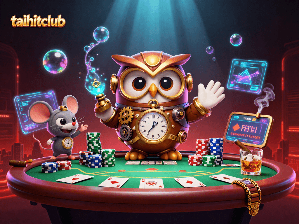 Taihitclub showcases a vibrant scene of a time-traveling owl and a clockwork mouse in a mystical casino.