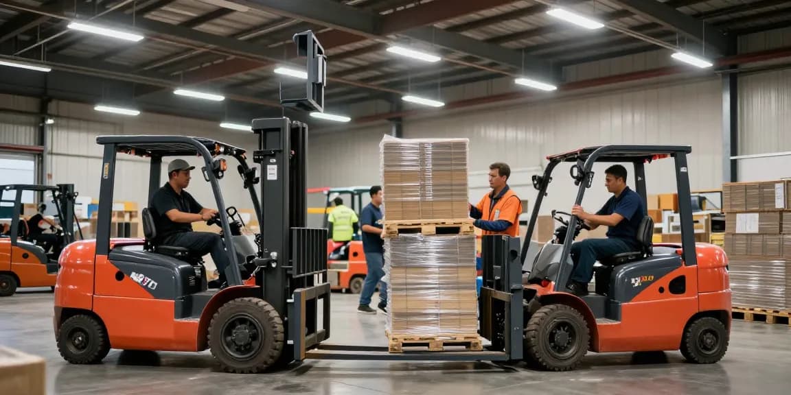 Discover the best forklift for sale in Texas in a busy warehouse scene featuring electric material handling equipment.
