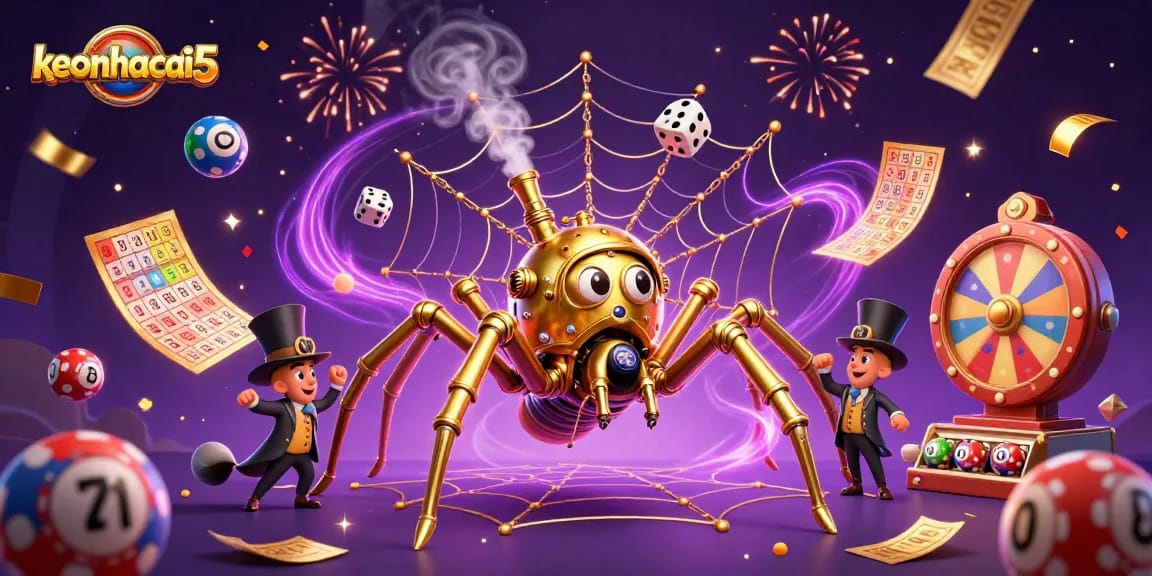Engage in thrilling games with keonhacai5 as a steampunk spider weaves a golden web of chance.
