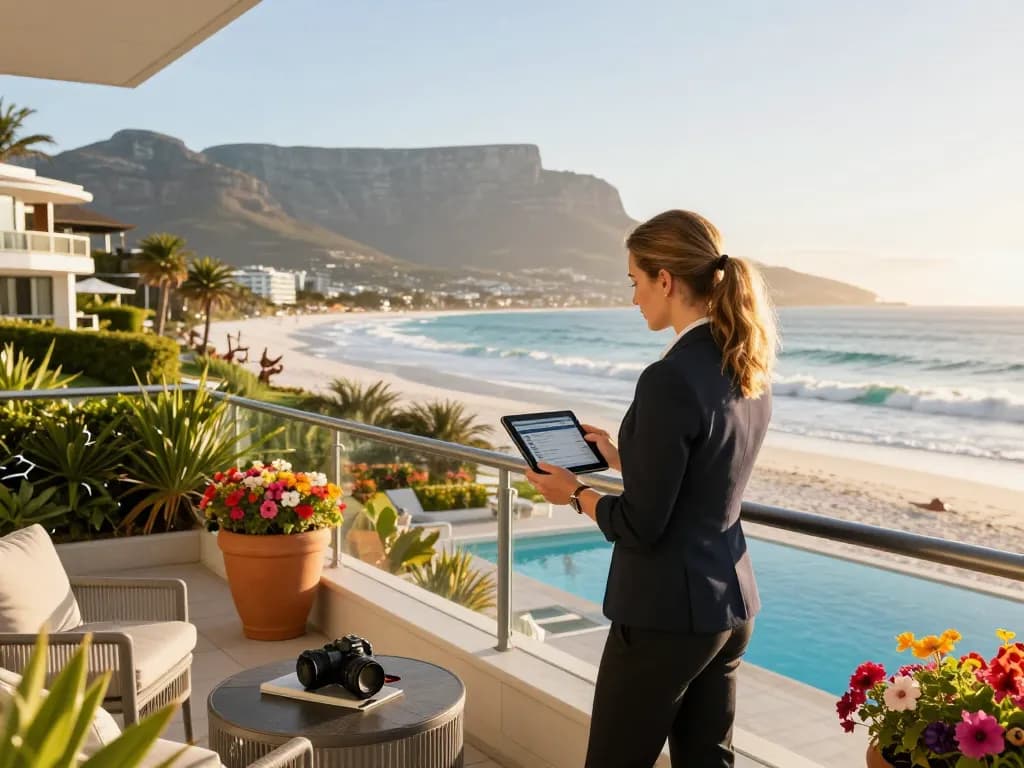 Dynamic airbnb management cape town scene with property manager reviewing listings at a beachfront property, capturing luxury and lifestyle.