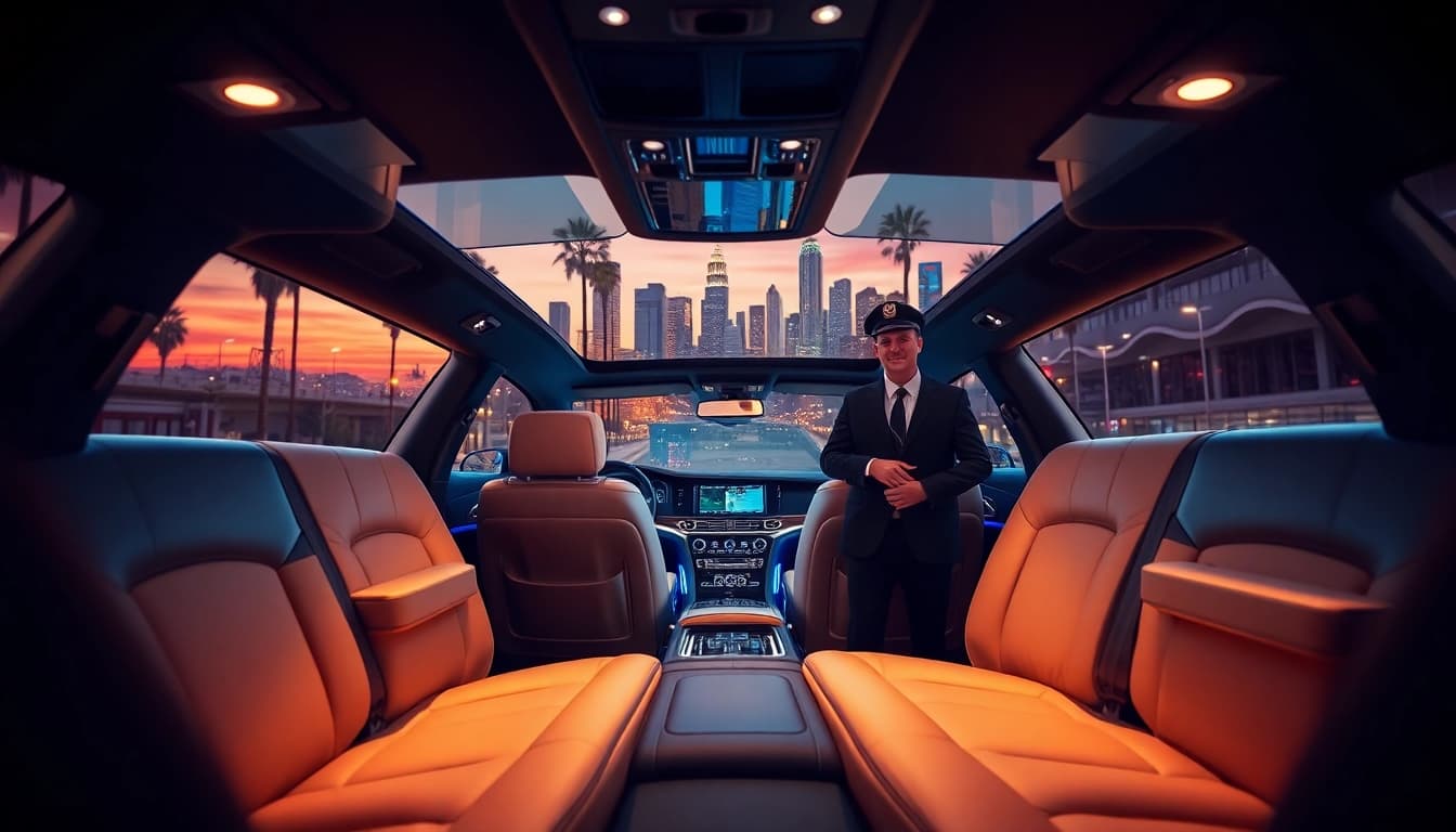 Inside a Hollywood Town Car, showcasing luxurious leather seats and LA skyline.