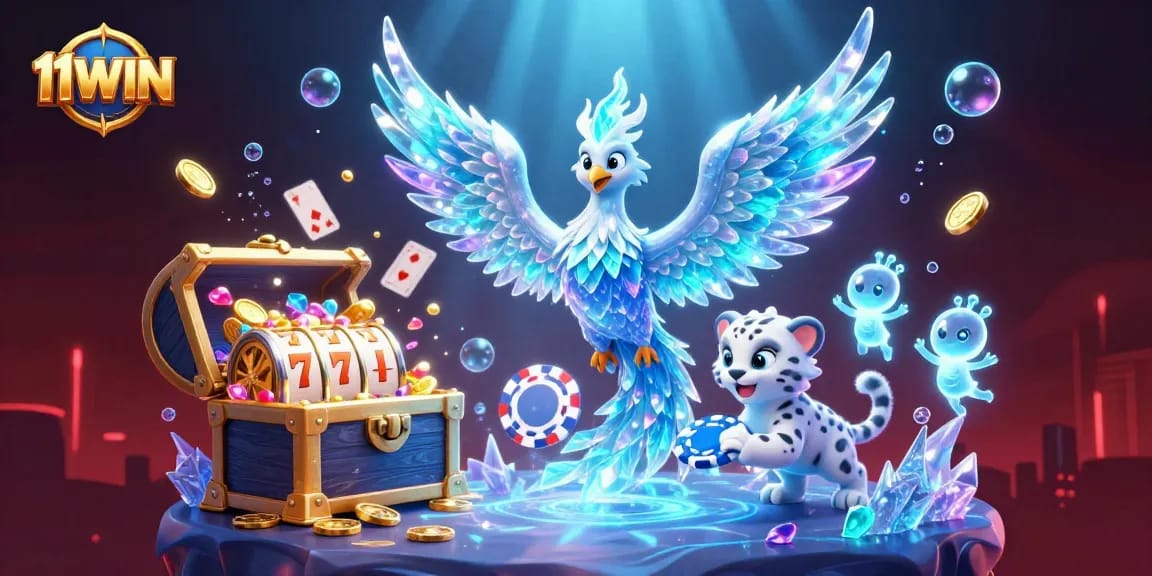 Experience winning thrills with 11WIN in an artistic illustration of a vibrant casino universe.