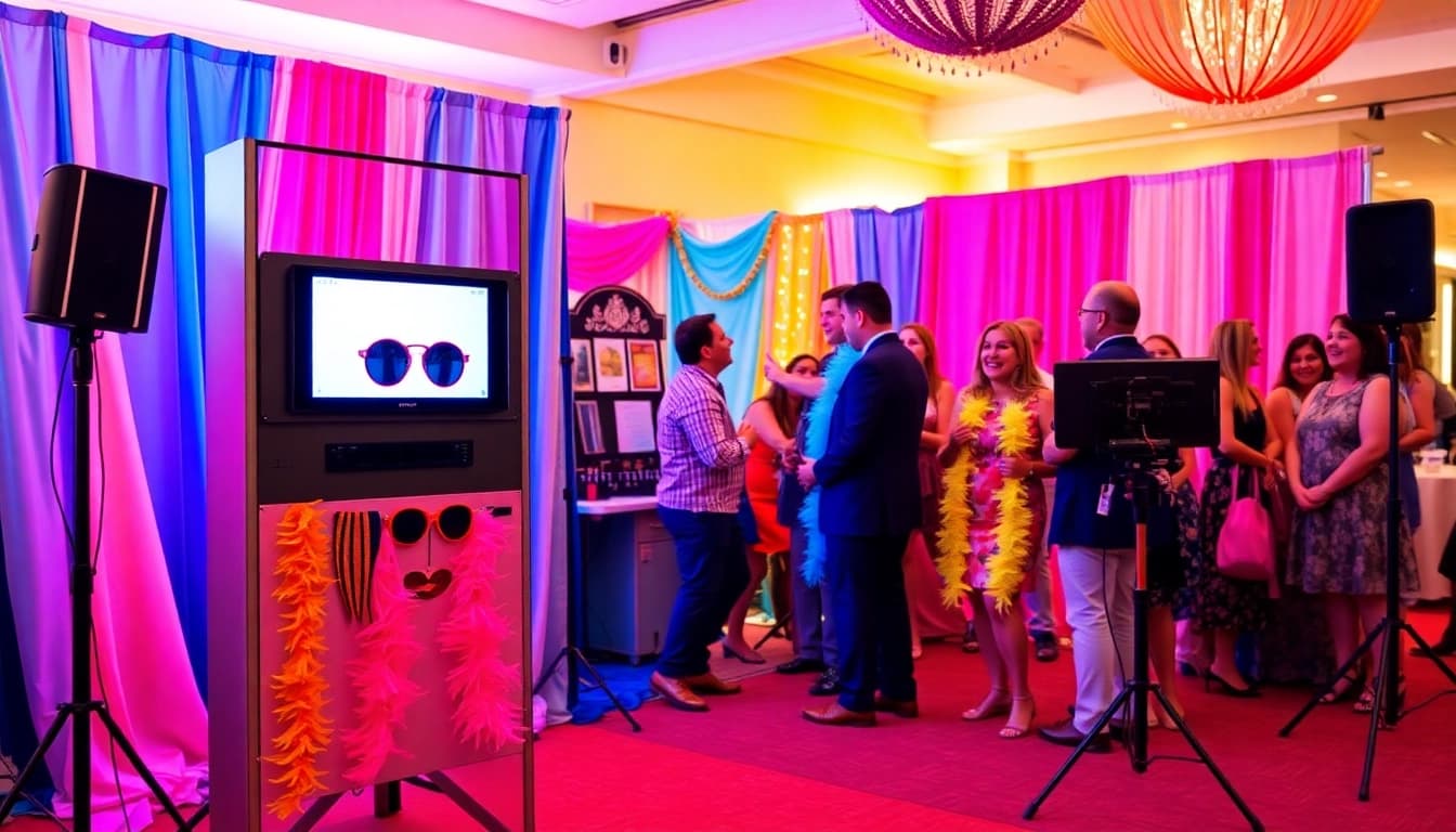 Enjoying a memorable photo booth rental experience with vibrant props and guests at an event.